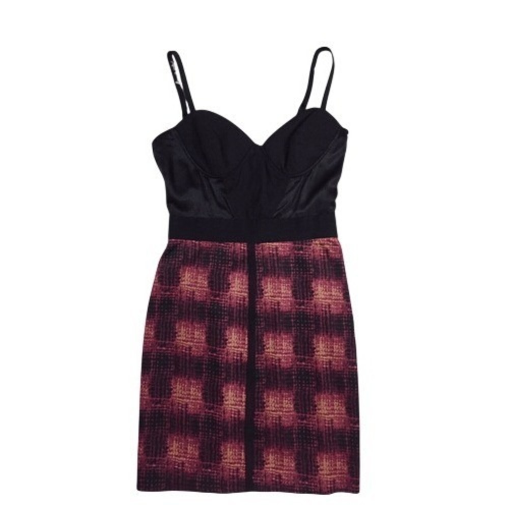 Bebe Black Bustier Spaghetti Strap Pink Plaid Bodycon Dress Size Small‎